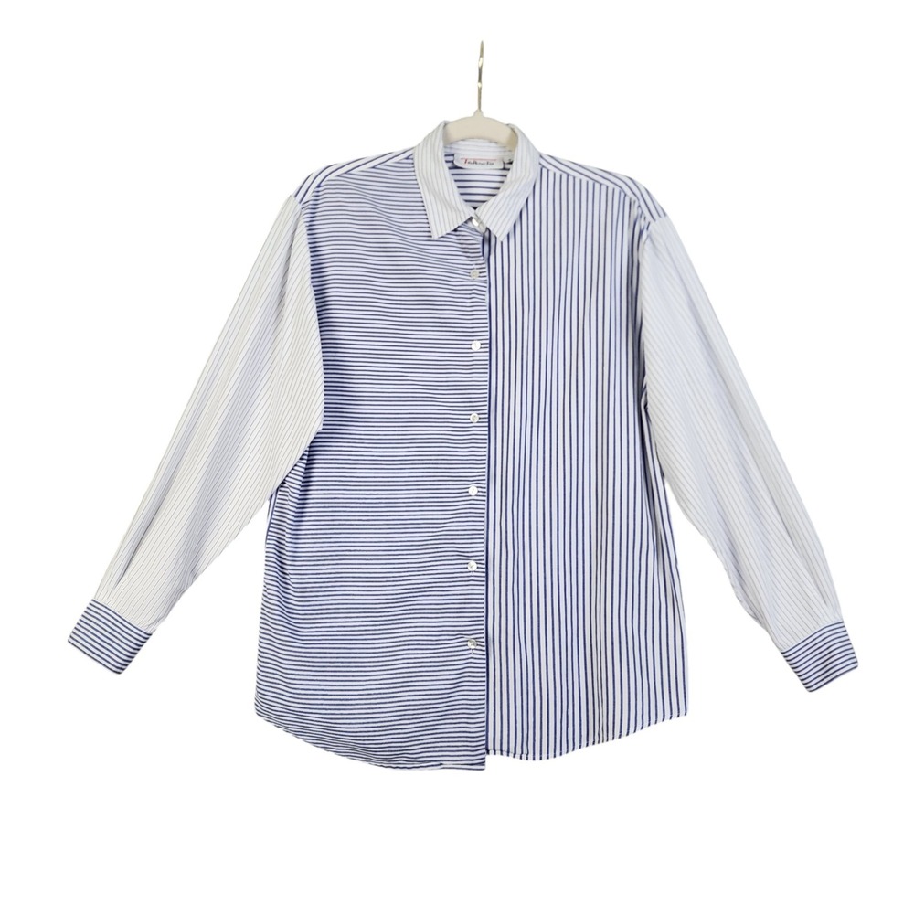 Talbots Womens Vintage Blue White Mixed Stripe Cotton Button Down Shirt Small